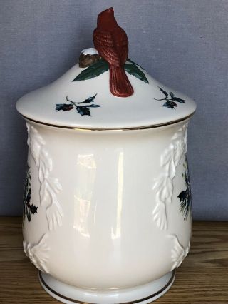 Lenox Winter Greetings Cookie Jar w/ Lid - Red Bow,  Sculpted Cardinal Knob - 2