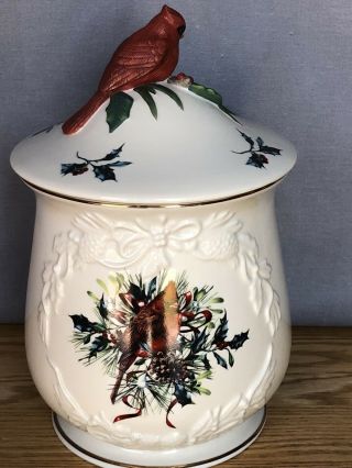 Lenox Winter Greetings Cookie Jar w/ Lid - Red Bow,  Sculpted Cardinal Knob - 3