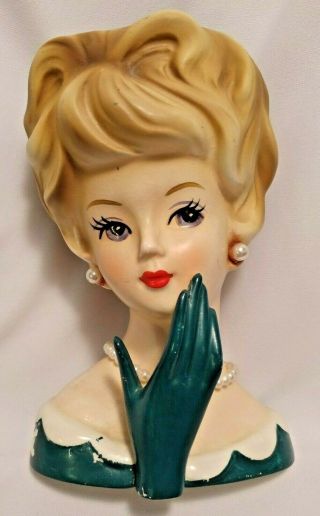 Vtg Lefton Lady Head Vase Pearl Earrings Necklace Blonde Green Glove Hand Japan