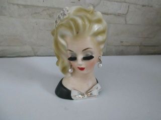 Vintage Lady Head Vase Pin Cushion - Black Dress Pearl Earings