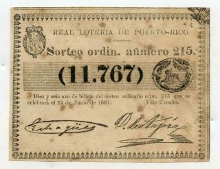1861 Billete De La Real Loteria De Puerto Rico Colonial Lottery Ticket