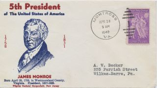 James Monroe 5th President Of The United States Pilgrim Cachet Event Cover