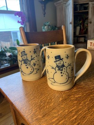 Vintage 1998 Maple City Pottery Stoneware Salt Glazed Snowman Mug Set Of Two 2