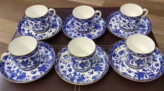 6 Royal Doulton Blue White Gold Demitasse Espresso Cups & Saucers Old Mark 1905