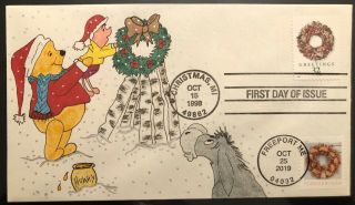 2019 Holiday Wreaths Fdc First Day Hand Drawn Cachet 1998 32c Winnie The Pooh