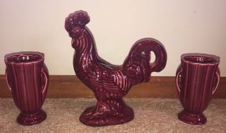 Vtg Camark Art Pottery Maroon Rooster Chicken Planter Vase 501 Usa,  2 Vases