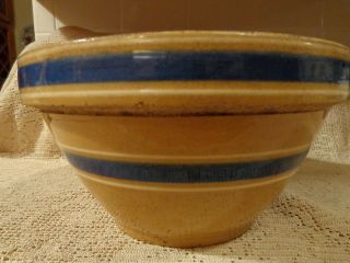 Antique Yellow Ware/yelloware Pottery Blue & White Striped Bowl
