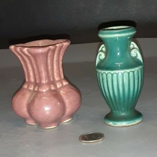2 Vintage SHAWNEE Pottery Miniature Vases 2.  5 