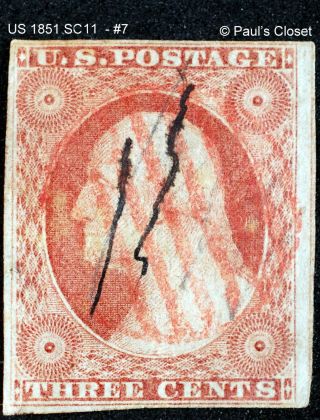 Us 3¢ Washington - Sc 11 7 Orange Brown 1851 Type I Red & Pen Cnx F/vf Ung Hm