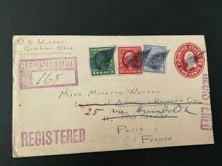 Usa 1913 Registered Cover To Paris With Scott F1 On 2 Cent Postal Stationery Env