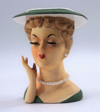 Vintage Napco Lady Head Vase Planter Green Hat & Dress Pearls Red Finger Nails