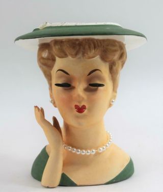 Vintage Napco Lady Head Vase Planter Green Hat & Dress Pearls Red Finger Nails 2