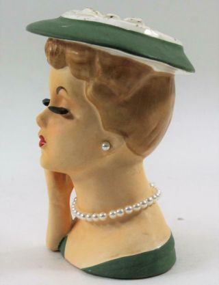 Vintage Napco Lady Head Vase Planter Green Hat & Dress Pearls Red Finger Nails 3