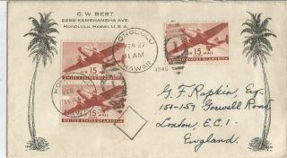 Illustrated 1946 Hawaiian Cover To Uk With 3 15c Airliner Stamps,  Gb Census Mark