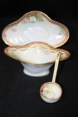 3 Pc.  Antique Hand Painted Nippon Morimura Mayonnaise Plate Bowl & Ladle
