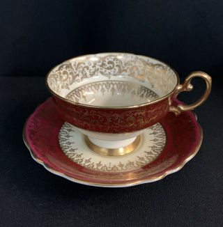 Vintage Paragon Double Warrant Red Gold Medallion Gold Lace Red Tea Cup & Saucer