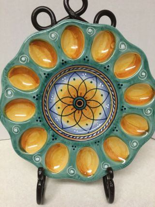 Deruta Ceramic Hand - Painted Deviled Egg Plate Platter Made In Italy 11 "