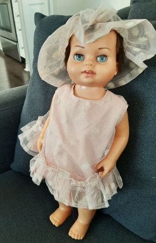 Vtg Mattel 18 " Chatty Baby Doll Brunette Aqua Eyes Pink Dress Bonnet