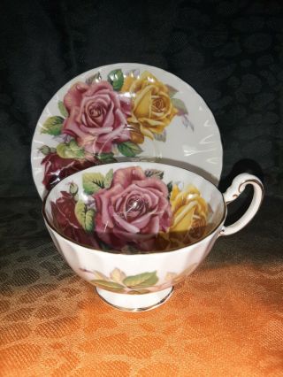 Aynsley Three Cabbage Roses Teacup And Saucer Set - Hand Painted Bone China