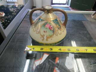 Antique Nippon Hand Painted Double Handle Vase (leaf Mark) Pinch Top