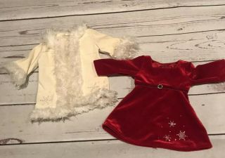 American Girl Doll Radiant Rhinestones Red Velour Dress & White Fur Trim Coat