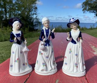 3 Vtg Victorian Women Porcelain Cobalt Blue W Floral Dresses Kpm Figurines Japan