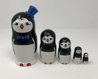 Wooden Penguin Family Nesting Dolls Set Of 5 Black White Blue Top Hat Bow