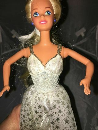 Vtg Barbie Doll White Silver Stars Beaded Shoulder Straps Glitter Holiday Dress