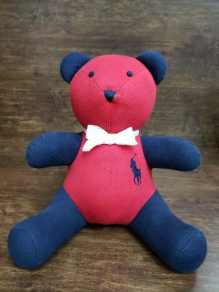 Ralph Lauren Polo Stuffed Teddy Bear Red& Navy Blue Bear With White Bow