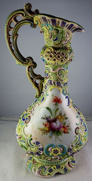 Vintage Moriage Beaded Ewer Pitcher Multi - Colored Hand Painted Floral