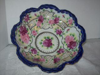 Vintage Cobalt Blue & Gold Rimmed Bowl With Roses 10 Inches In Diameter Made In
