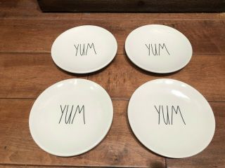 Rae Dunn YUM EAT NIBBLE TASTE YUMMY Dessert Snack Plate Plates Set of 4 2