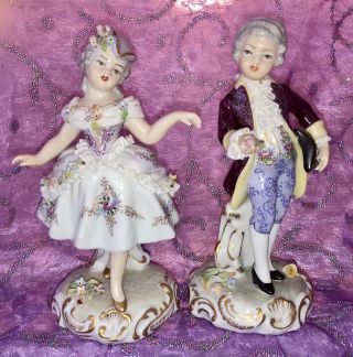 Stunning Vintage Pair San Marco Italy Victorian Couple Figurines With Lace Euc