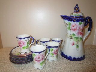 Antique Nippon Hand Painted Chocolate Pot W/five Cups & Saucers