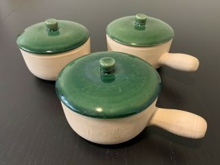 Vtg 1950 - 60s La Solana Ware Green Soup Bowls W/ Lids & Handles (set Of 3) Rare Euc