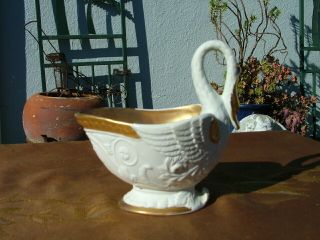 Antique French Porcelain Figural Swan With Gold Gilt Interior Sauce Boat