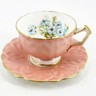 Vtg Aynsley Bone China Footed Tea Cup & Saucer Blue Floral Bouquet Gold Trim