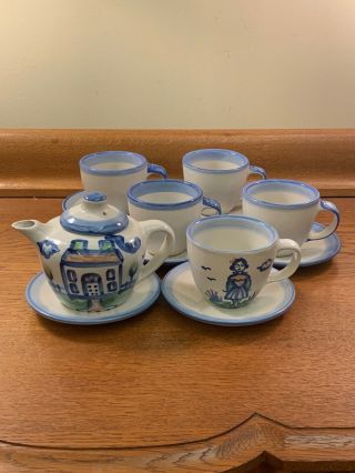 Vintage M.  A.  Hadley Country Stoneware Pottery Set Teapot,  5 Tea Cups & 6 Saucers