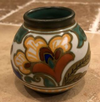 1940s Royal Zuid - Holland Gouda Pzh Pottery,  Metz Decor 3 " Bud Vase Golds Ochre
