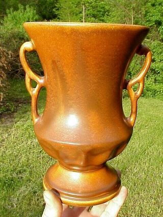 Vintage Monmouth Art Deco Pottery Handled Vase Rustic Matte Burnt Orange Glaze