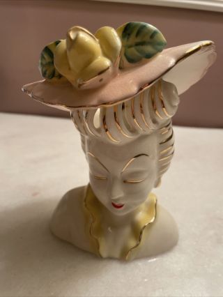 Vintage Glamour Girl 6” Lady Head Vase Gold Accents Pink Hat Yellow Rose