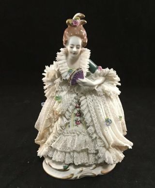 Vintage Franz Witter Dresden Art Porcelain Lace Figure Lady With Fan Standing