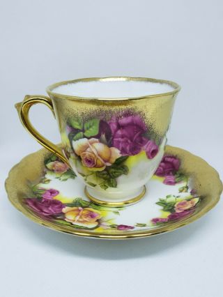 Royal Chelsea Golden Rose English Bone China Tea Cup & Saucer Heavy Gold Gilted