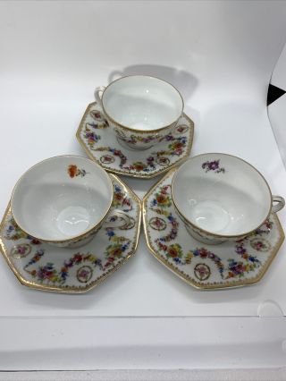 Antique Schumann Bavaria Porcelain Dresden Flower Tea Cups & Saucer Set Of 3