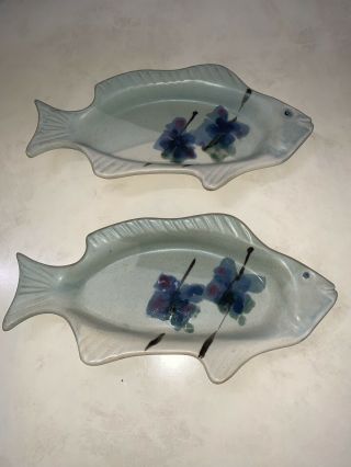 2 Kent Follette Studio Art Pottery Fish Plates 12.  25 " X 6.  5” Fish Baker