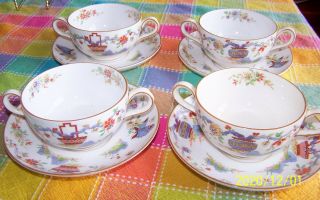 Royal Worcester Pekin Pattern Cream Soup Double Handle Bowls Saucers (4)