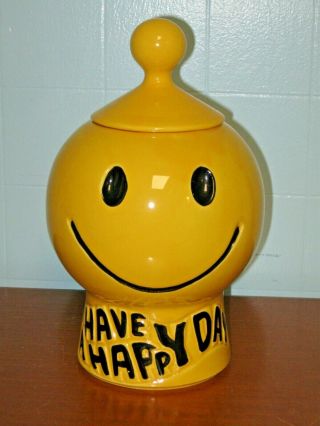 Vintage Mccoy Pottery Smiley Face Cookie Jar " Have A Happy Day " Yellow,  Emoji