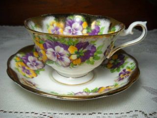 Royal Albert Purple And Yellow Pansy Cup & Saucer W/ Heavy Gold Trim