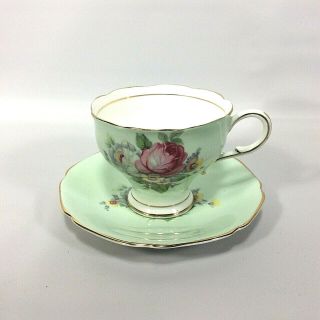 Paragon Double Warrant Tea Cup And Saucer Green Roses Corseted Cup Gold Gilt