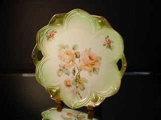 Germany Porcelain Pierced Handle Cake Plate Peach Roses With Green Emboss Border